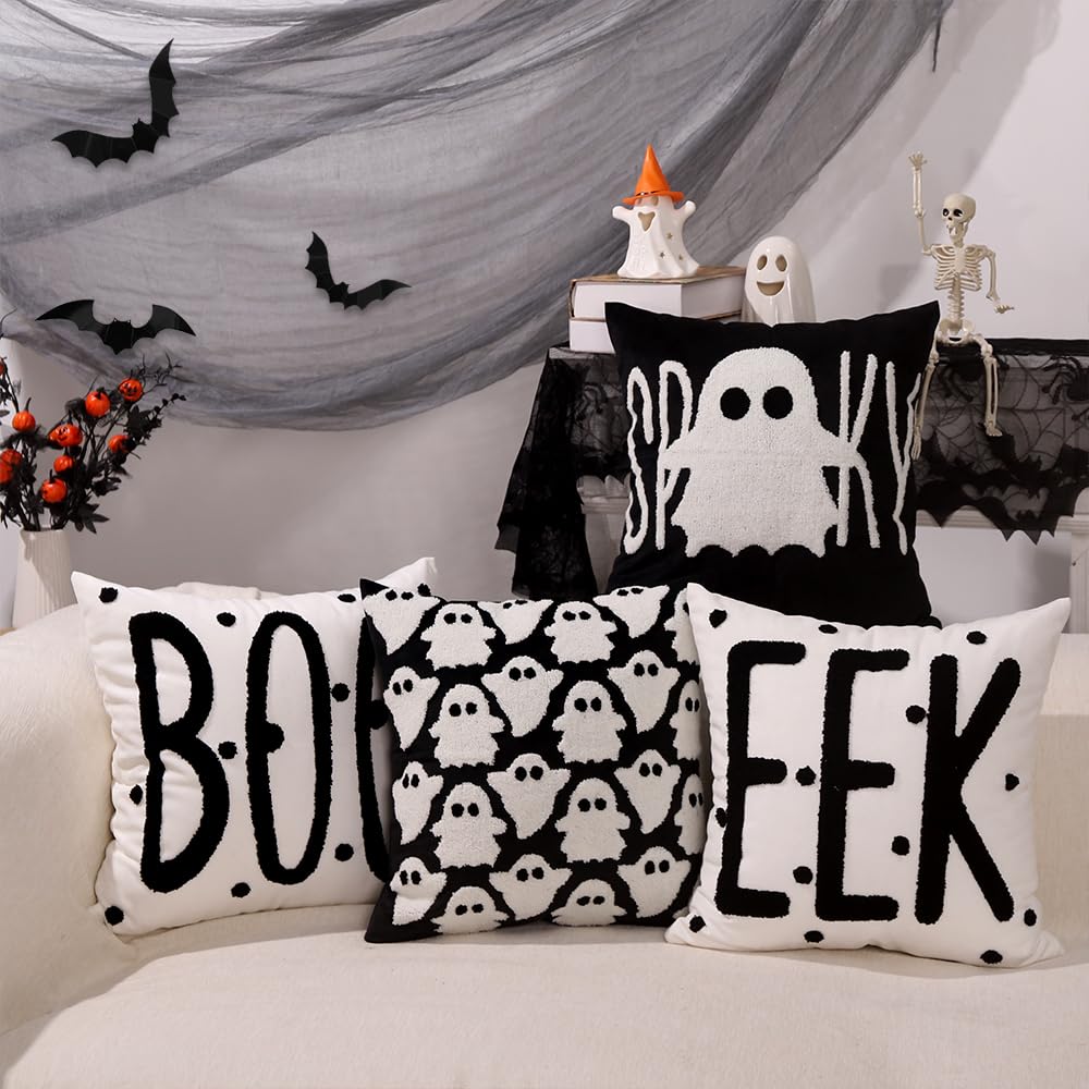 Heirloom Haven Halloween Ghosts Embroidered Throw Pillow Covers Set of 4,Polka Dot Spooky Boo Pillow Case Holiday Farmhouse Cushion Case Decoration for Sofa Couch 18 x 18 Inch
