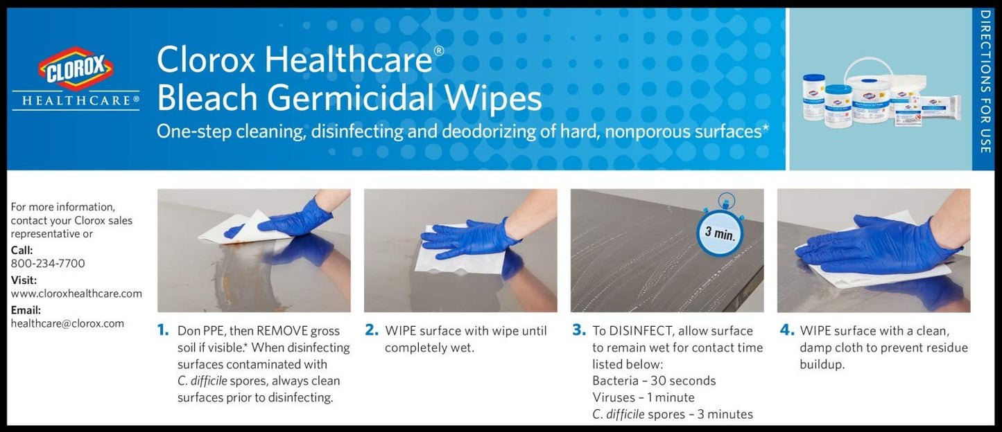 Clorox Healthcare Bleach Germicidal Wipes, 6" x 5", 150 Count Canister (Package May Vary)