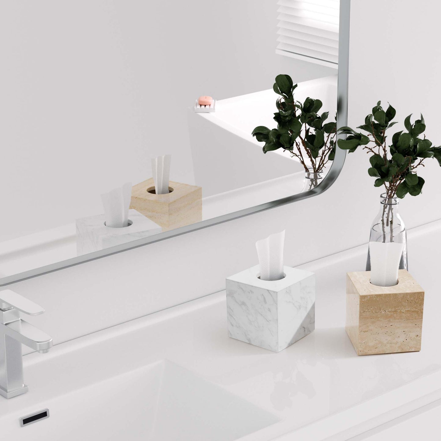 N NANSHOP Natural Travertine Marble Tissue Box Holder Cover, Square Cube Tissue Box Holder with Open Bottom for Bathroom Vanity Tops, Bedroom Dressers, Kitchen Countertop, Travertine Beige(NS022)