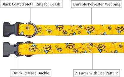 Dog Collar Leash Set, Busy Bee Pattern, 5ft Matching Leash, Polyester Material, 4 for Small Medium Large Dogs.(M, Bee)