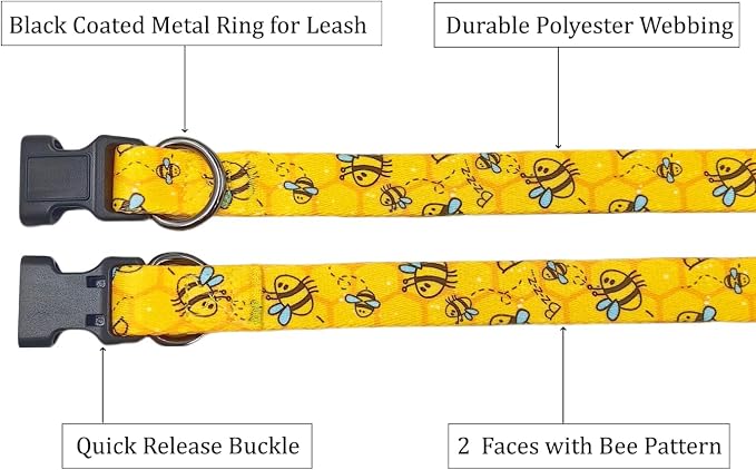 Dog Collar Leash Set, Busy Bee Pattern, 5ft Matching Leash, Polyester Material, 4 for Small Medium Large Dogs.(L, Bee)