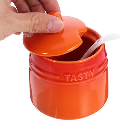 BESTonZON Seasoning Jar with Spoon 3.81X3.34X2.24In Porcelain Condiment Canister Salt Sugar Storage Container for Kitchen and Home Organization