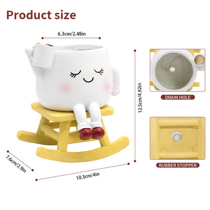 YOUOIVIA Rocking Chair Face Planter, Cute Coffee Plant Pots for Indoor Outdoor, Resin Funny Planter with Drainage, Unique Cactus Succulents Flower Pot, Desk Plant Table Top Decor, Home Gifts (White)