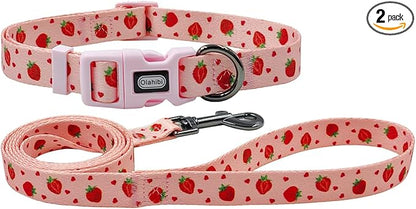 Dog Collar Leash Set, Fruit Pattern, Polyester Material, Adjustable Collar and 5ft Matching Leash, for Small Dogs.(S, Strawberry)