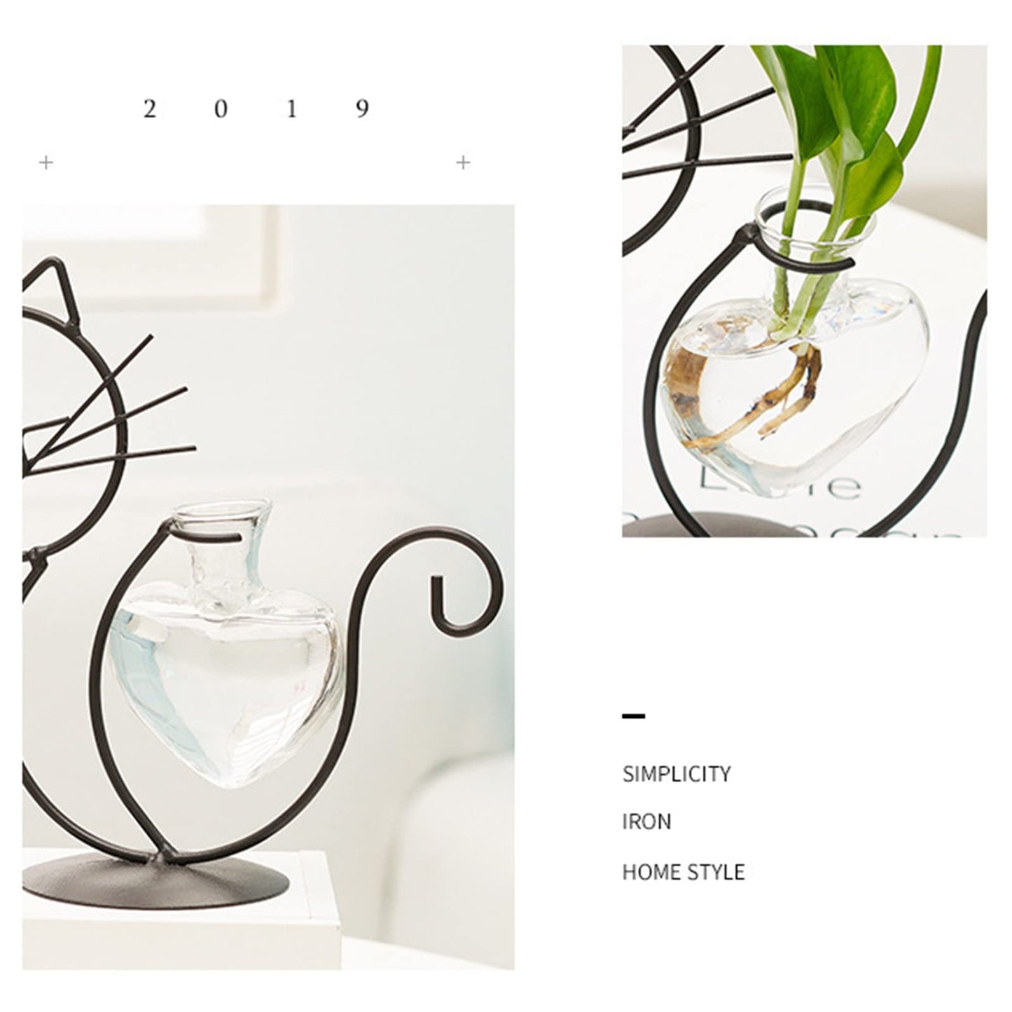 Cat Glass Planter Vase Holder - Plant Terrarium - Simple Cat Iron Flower Ware Hydroponic Flower Arrangement Vase (Sit)