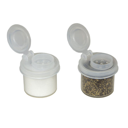 BRAZZA Salt and Pepper Shakers Moisture Proof Set Perfect to go Camping Picnic Outdoors Kitchen Lunch Boxes Travel Spice Set Clear with Black Lids Plastic Airtight Spice Jar Dispenser (5 mini)