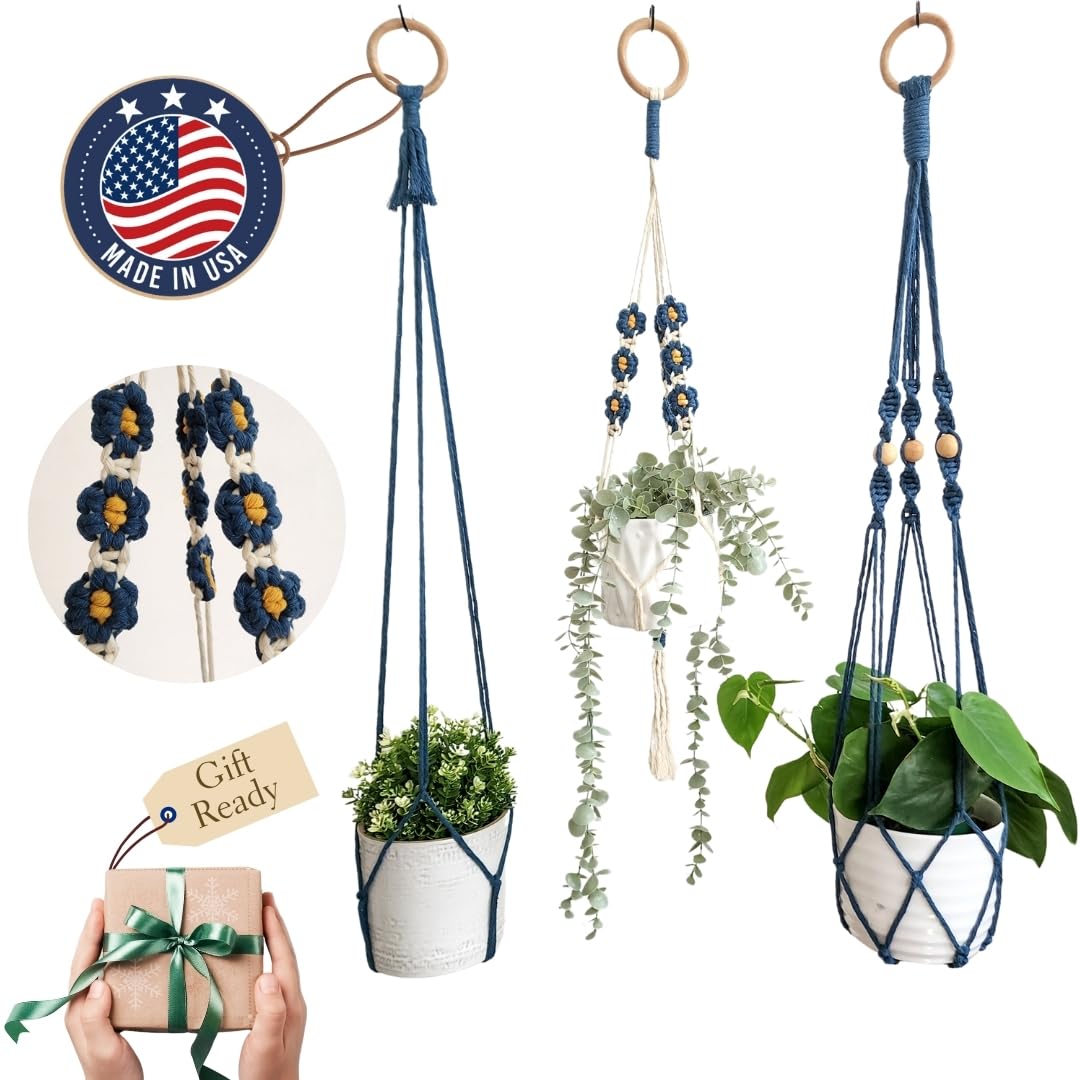 Set of 3 Macrame plant hangers with Daisies & Beads Hanging plant holder Macrame Plant hangers outdoor and indoor hanging planters Plant stand indoor Boho Decor hanging planter stand (Peacock Blue)
