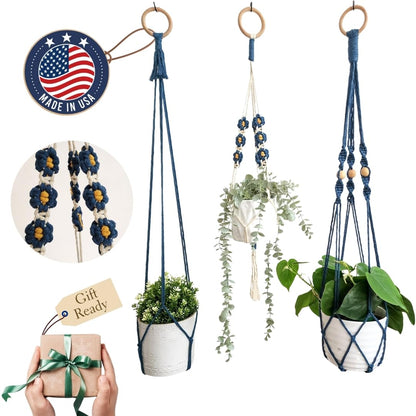 Set of 3 Macrame plant hangers with Daisies & Beads Hanging plant holder Macrame Plant hangers outdoor and indoor hanging planters Plant stand indoor Boho Decor hanging planter stand (Peacock Blue)