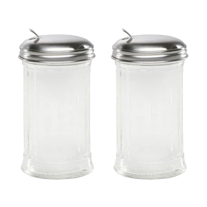 Great Credentials Retro Style Sugar Dispenser Pourer Shaker, Glass Jar with Stainless Steel Flap Lid, 12 oz, Set of 2