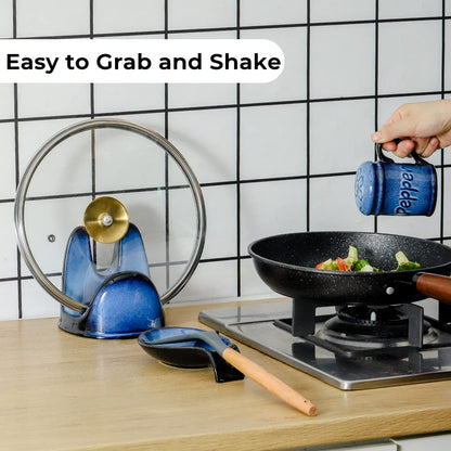 Nihow Ceramic Salt and Pepper Shakers Set & Spoon Rest: Heat Resistant Spoon Rest - Resist Rusting Seasoning Shaker with Handle for Counter - Elegant Black & Blue