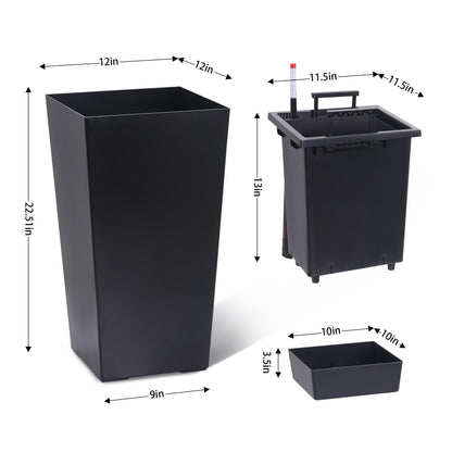 GarveeLife 22.5 in Tall Planters Set of 2, Outdoor＆Indoor Black Planter Pots, High Front Porch Planter Pots with Drainage Holes＆Water Level Monitor＆Inner Bucket, Automatic Watering, Black