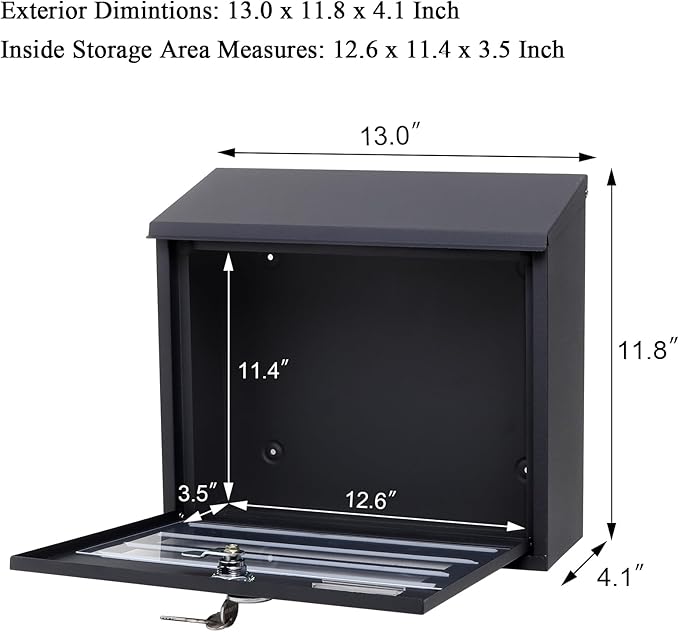 Locking Mailbox Wall Mounted Vertical- Jssmst mailboxes with Key Lock Large Capacity, Key Lock Drop Box Large Capacity with Galvanized Cover and Rust-Proof Metal, 13 x 11.8 x 4.1 Inch SM-HPB918