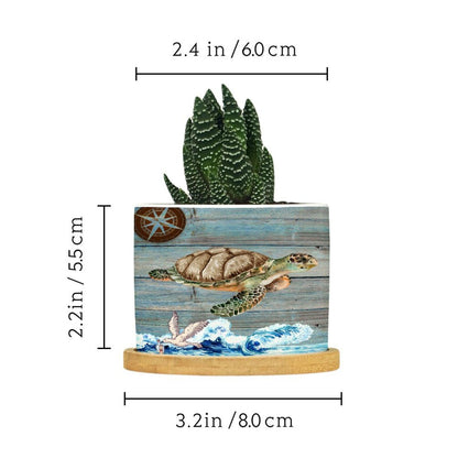 DreamAutumn Ocean Theme Sea Turtle Ceramic Pots for Plants with Drainage Holes Round Flower Pot Bamboo Tray Orchid Pot Succulents Pots for Outdoor Indoor Plants,Housewarming Gifts