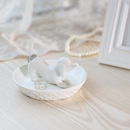 HOME SMILE Dog Ring Holder,Ceramic White Jewelry Tray Holder,Dog Mom Gifts for Women Christmas Valentines Mothers Day