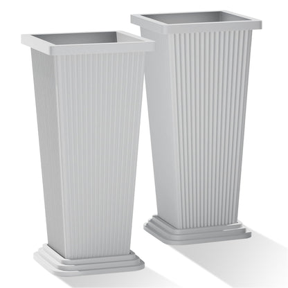 PolarcoForgeco Tall Outdoor Planters Set of 2, 24" Tapered Outdoor Tall White Planter for Front Porch, Large Indoor Modern Planter Flower Pots with Tray, Drainage Holes (Ribbed)