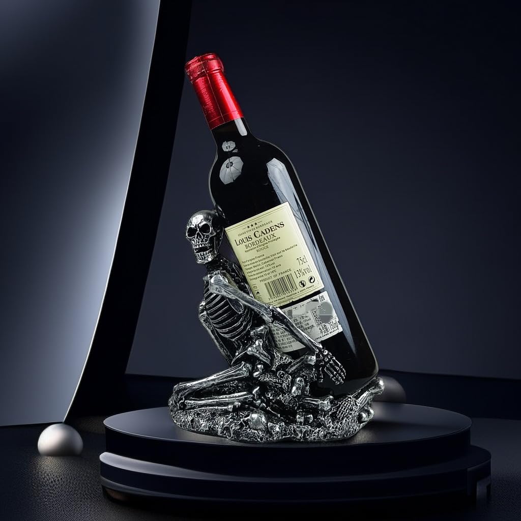 PDNPDN Gothic Skull Decorated Wine Bottle Rack, Halloween countertop Small Wine Rack, Room Emotional Decoration (Silvery)