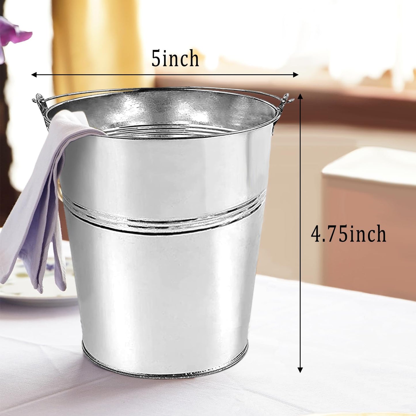 ZEDEV Set of 6 Pcs Galvanized Metal Buckets with Chalkboard Stickers and 5.5" Mini Plastic Kitchen Scoops,5 Inch Tin Buckets, Small Galvanized Pail for Backyard Decoration,Garden Planters.