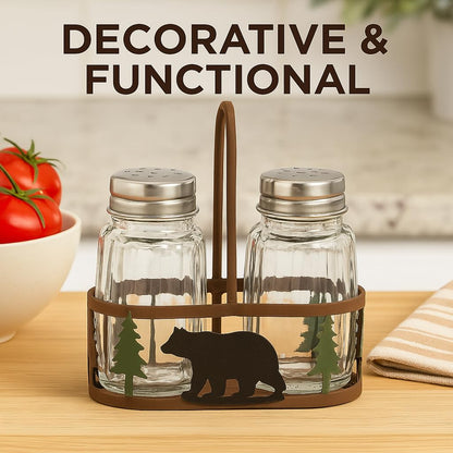 Distinctive Designs Black Bear and Pines Salt and Pepper Shaker Holder Set - 3 Piece Set - Bear Salt and Pepper Shakers - Rustic Lodge Kitchen Tabletop Cabin Decor