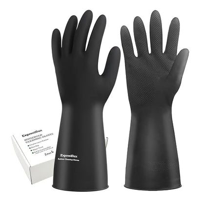 Heavy-Duty Thick Black Rubber Cleaning Gloves, 3 Pairs, L | Reusable & waterproof black/orange dual layers. Non-slip design for dishwashing, kitchen cleaning, and auto care.