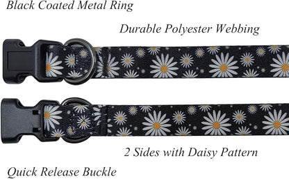 Dog Collar Leash Set, Floral Pattern, Polyester Material, Adjustable Collar and 5ft Matching Leash, for Small Dogs.(S, Black Daisy)