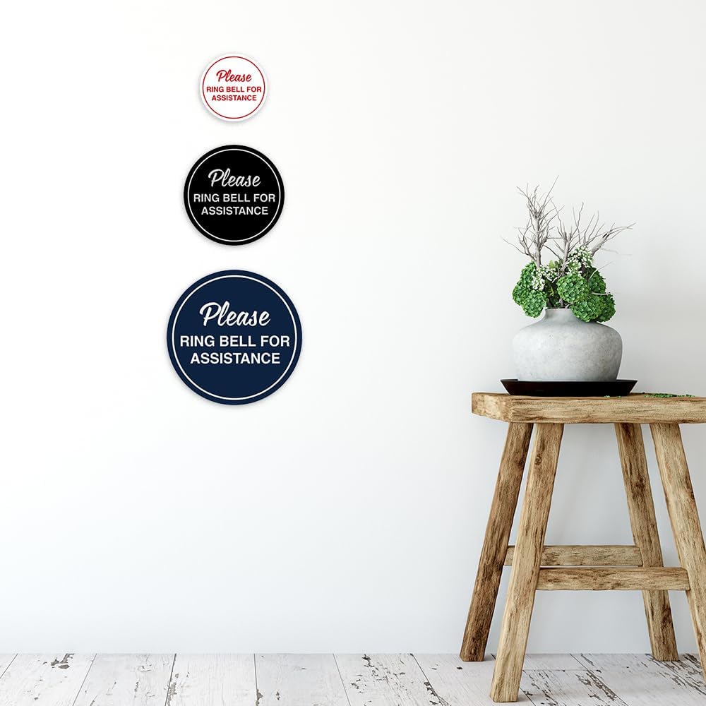 Signs ByLITA Circle Please Ring Bell For Assistance Wall or Door Sign | Easy Installation | Front Desk Reception Sign (Navy Blue/White) - Small (10 Pack)