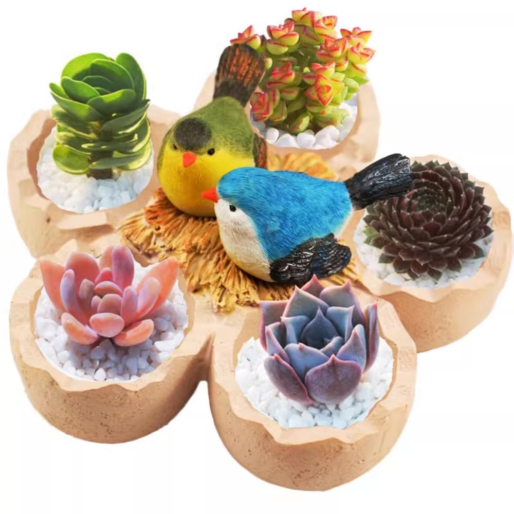 Fantasee Succulent Pot, Small Garden Pots with Drainage Hole, Resin Plants Flower Pots Miniature Ornaments for Home Office Decor (Bird's Nest)