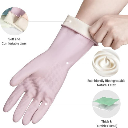 ThxToms 4 Pairs Reusable Rubber Gloves, 13" Natural Latex, 10mil Thick Heavy Duty Dishwashing & Cleaning Gloves, Non-Slip Grip, Multi-Color, Ideal for Kitchen, Bathroom, Car, & Garden Cleaning, Small