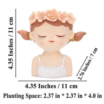 4.35" Cute Head Planter Resin Succulent Pot - Little Girl Flower Container, Human Face Cactus Plants Bonsai Holder, Thumb Fairy Figurine Statue With Drainage - Decor Gift