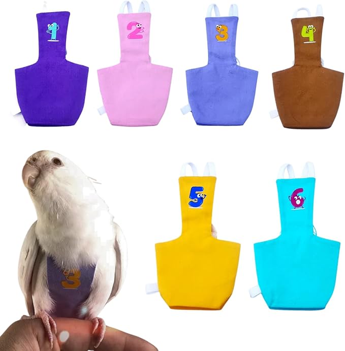 Bird Diaper Protective Parrot Nappy - 6 Pack, Reusable Flight Suit with Waterproof Inner Layer, Washable Cute Urine Wet Suit for Cockatiel Conure Macaw Lovebird (XS)