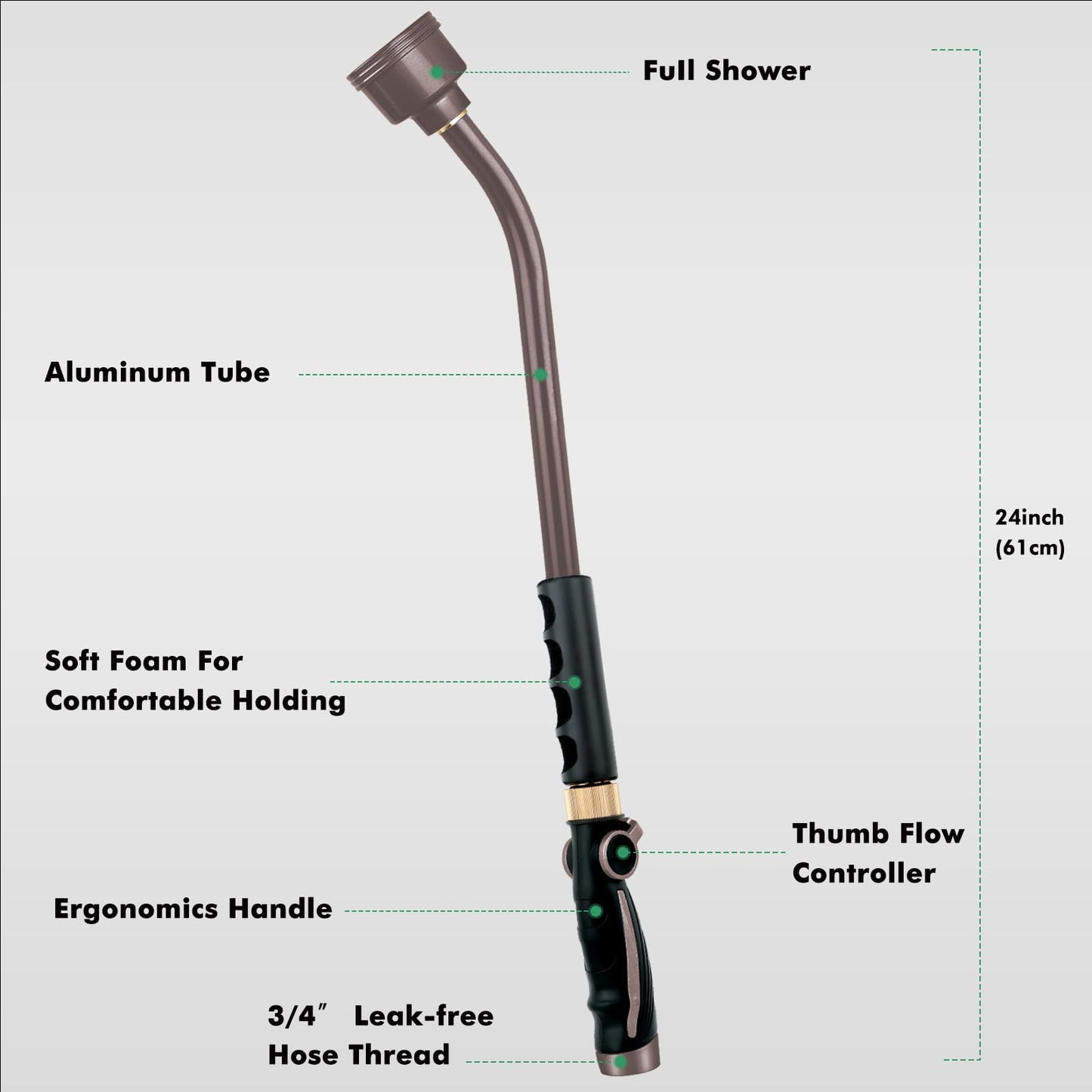 RESTMO Long Watering Wand, 24 Inches Gentle Soft Full Shower Sprayer Wand with Thumb Flow Control, Heavy Duty Metal Hose Wand for Hanging Baskets, Shrubs, Plants, Flowers, Garden and Lawn, Bronze