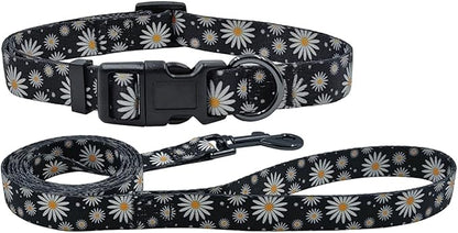 Dog Collar Leash Set, Floral Pattern, Polyester Material, Adjustable Collar and 5ft Matching Leash, for Medium Dogs.(M, Black Daisy)