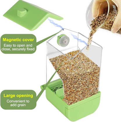 Automatic Bird Feeder with Perch, No Mess Transparent Parrot Food Dispenser for Small Medium Birds Parrots, Finches, Lovebirds, Canaries