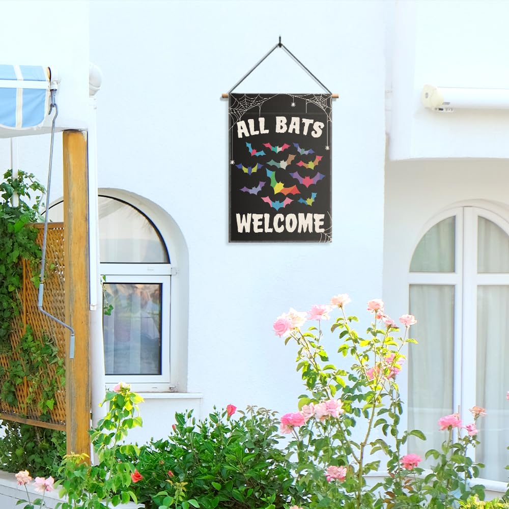 Gkodw All Bats Welcome Garden Flag, Funny Equality Inclusive Yard Sign for Outside, LGBT Trans Pride Ally Flag, Halloween House Flags, Bat Fall Lawn Porch Outdoor Farmhouse Decor for Family Friend