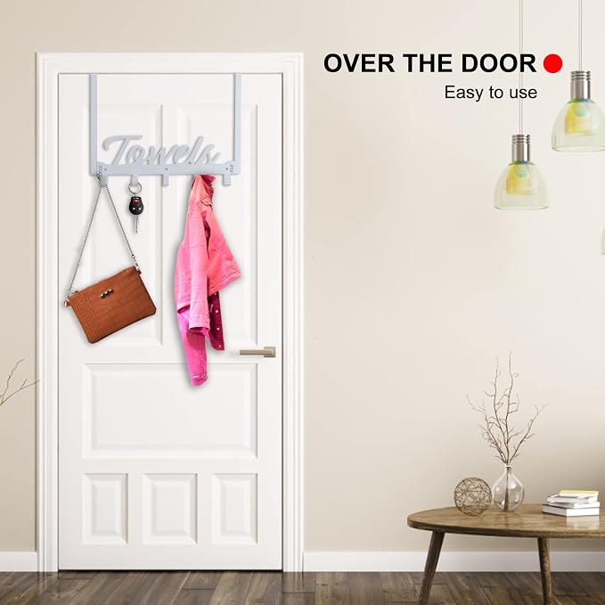 Azmoncy Over The Door Hooks, Towel Rack for Bathroom & Bedroom, Heavy Duty Over Door Towel Hanger with 5 Coat Hooks, Silver