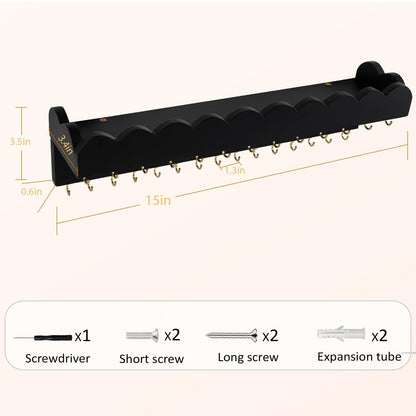 Lampaggio Wall Mount Jewelry Organizer with 28 Hooks and Cosmetics Shelf, Modern Wood Hanging Jewelry Holder for Necklaces, Bracelets, Earrings and Rings, Black