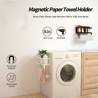 Magnetic Paper Towel Holder for Refrigerator, Magnetic Spice Rack,Magnetic Shelf for Stove,Wall Mount Towel Rack with Hooks,Refrigerator Organizer for Kitchen (Black)