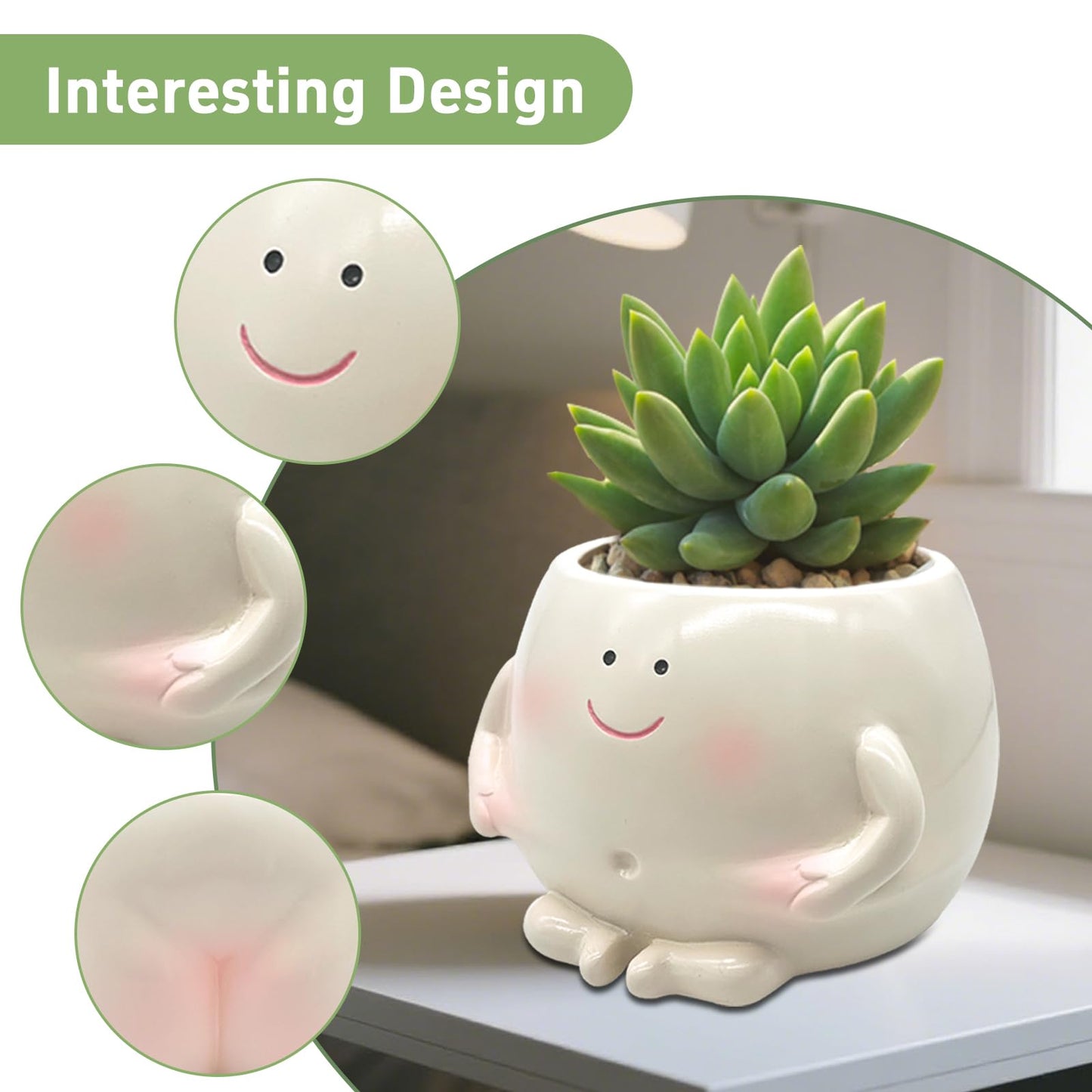ChilArt 3.5" Smiley Face Planter Pot,Funny Belly Planters Design,with Drainage Hole Resin Cute Plant Pot,for Indoor Outdoor Plants
