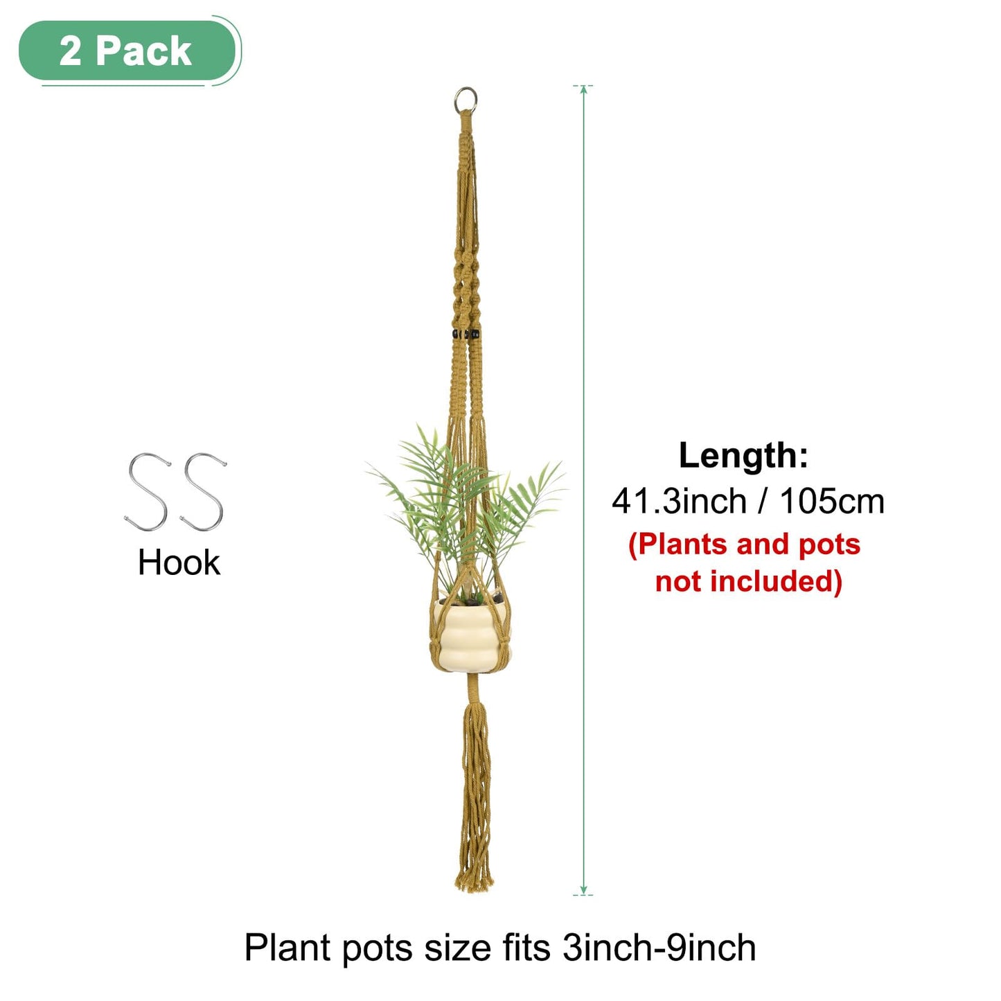 M METERXITY 2-Pack Macrame Plant Hanger, 41 Inch Hand Woven Hanging Basket Holder Handmade Cotton Rope Plant Net Pocket with 1 Net for Balcony Decor/Farmhouse Home Decor/Indoor Plants[Khaki]