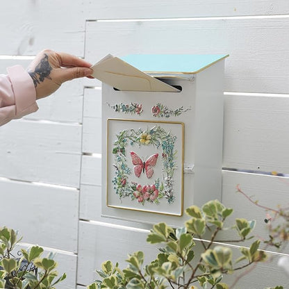 Mailbox Wall Mount Mailboxes for Outside Vintage Mail Boxes for House Outside Metal Drop Box Antique Style Nostalgic Charm Home Decorative, Butterfly Pattern, White