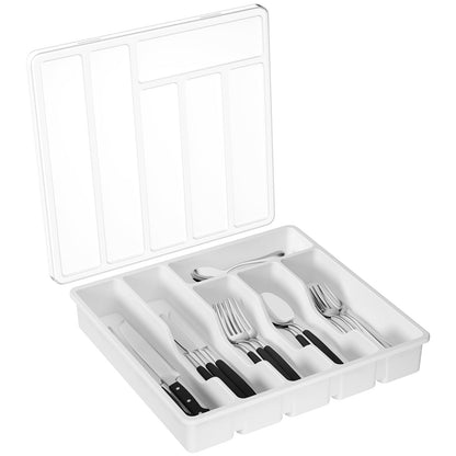 Lifewit Silverware Organizer with Lid, Covered Utensil Tray for Kitchen Drawer and Countertop, Plastic Cutlery and Flatware Storage Box for Spoons Forks Knives Holder Case, 6 Compartments, Black