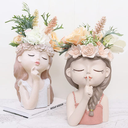 Snowy sunday Large Girl face planters -2pack Cute Big Succulent Pot with Drainage Hole Tall Lady Head Planter Resin Flower Pot Decorative vase for Indoor and Outdoor Plants Gifts for mom/Aunt/Lover
