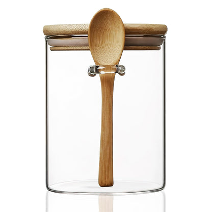 MOLADRI 15 oz/450 ml Glass Storage Canister with with Airtight Lid, Cute Clear Decorative Container Jar with Wooden Spoon for Coffee Spice Candy Salt Cookie Condiment Sugar Matcha Tea Overnight Oats