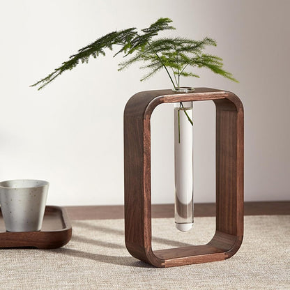 TerraSol Modern Wooden Frame Glass Vase Hydroponic Planter – Minimalist Square Propagation Station with Test Tube Vase – Indoor Plant Terrarium for Flower, Cuttings & Home Office Decor