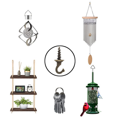 OBSTKUCHEN Heavy Duty Ceiling & Wall Mount Hangers, Swag Style Drill-in Hooks for Hanging Plants, Chandeliers, Decor – 6 Pack, Antique Brass, Indoor Outdoor Use