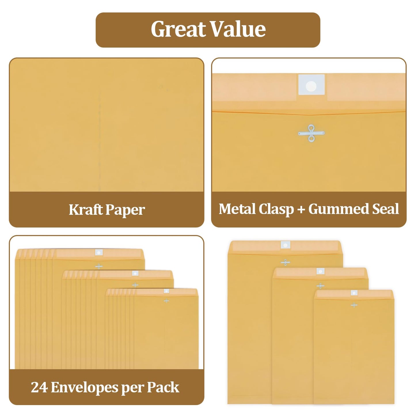 3 Sizes Clasp Envelopes Security Mailing Envelopes with Metal Clasps Kraft Paper Envelopes for Office, School, Home, Shipping Documents, Photos, Mailers (24 Packs)
