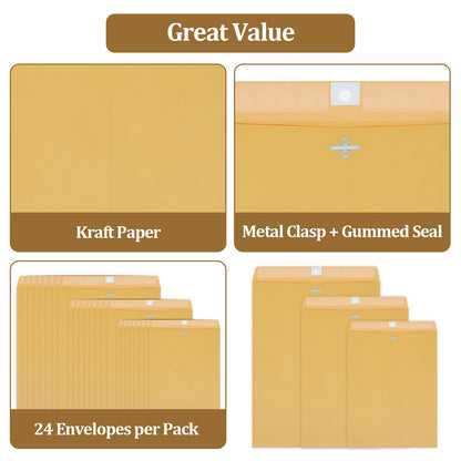 3 Sizes Clasp Envelopes Security Mailing Envelopes with Metal Clasps Kraft Paper Envelopes for Office, School, Home, Shipping Documents, Photos, Mailers (24 Packs)