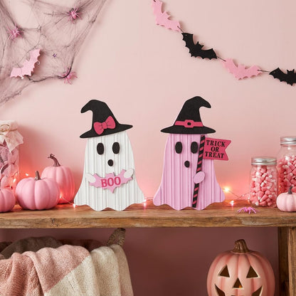 Valery Madelyn Pink Halloween Decorations, Set of 2 Cute Halloween Ghost Decor, Witch Hat Boo & Trick or Treat Wooden Tabletop Signs for Home, Shelf, Tiered Tray Party Display, 7 Inch