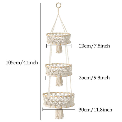 MuuXii 3 Tier Hanging Fruit Basket, Macrame Hanging Basket for Fruit and Vegetable Storage, Cotton Rope Woven Baskets, Boho Wall Baskets Organizing Hanging Plant Holder for Indoor Kitchen Decor