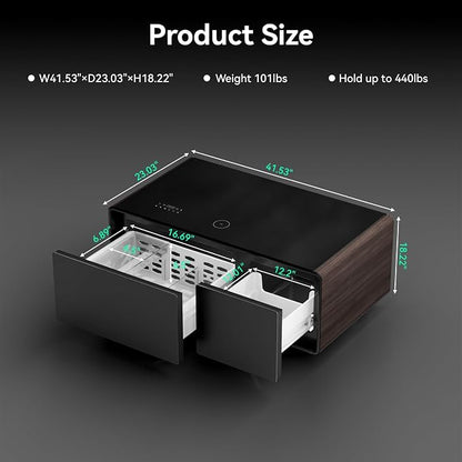 Smart Coffee Table with Fridge and Bluetooth, Smart Living Room Table with Frozen Drawers, Dual Speakers, 15W Wireless Charger, Touch Control, USB Ports, Atmosphere Light, LT90 Ultra-Brown