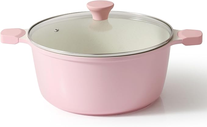 SENSARTE Ceramic Nonstick Stock Pot with Lid, 7 Quart Induction Cooking Pot with Tempered Glass Lid, Stew Pot for Soup and Oatmeal, Pasta Casserole, PFOA PFAS PTFE Free, Pink